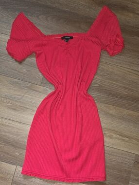 Forever 21 Bright Red Ribbed Off-Shoulder Mini Dress